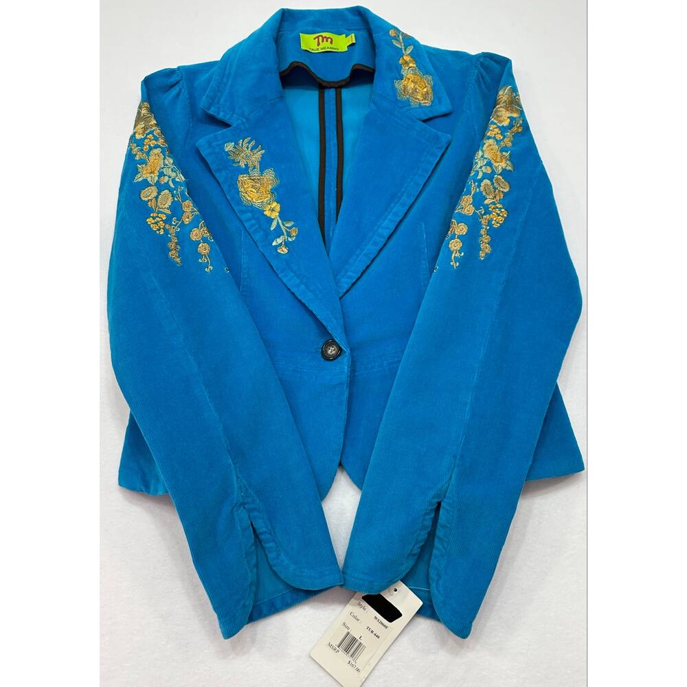 True Meaning Blue Corduroy Floral Embroidered Blazer Jacket Y2K Boho Large - Picture 7 of 12